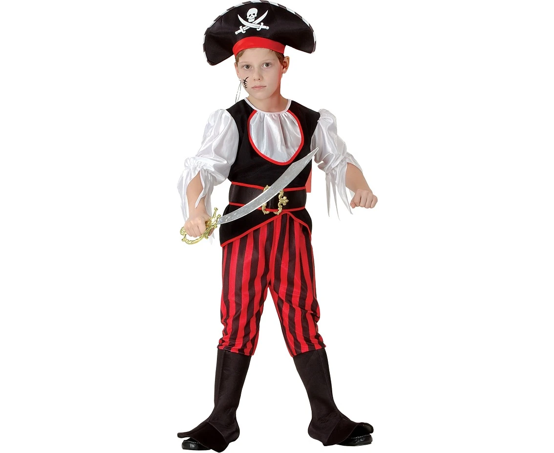 Role play-set for kids Red Pirate (shirt with jabot, pants with "boots", belt, hat with headband), size 120/130 cm EOL